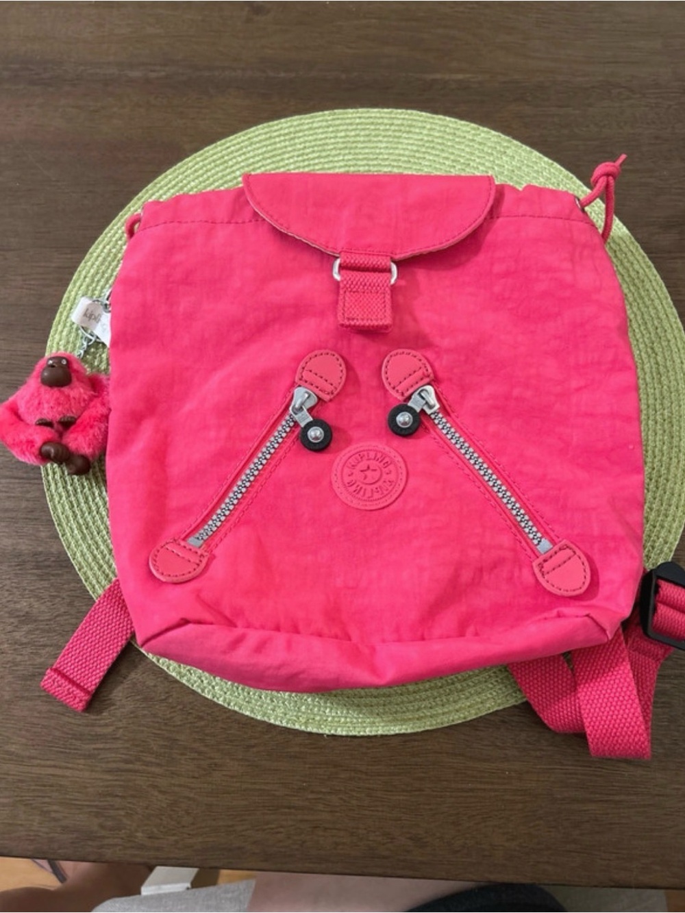 Kipling Hot Pink mini  Drawstring Backpack with Monkey Charm